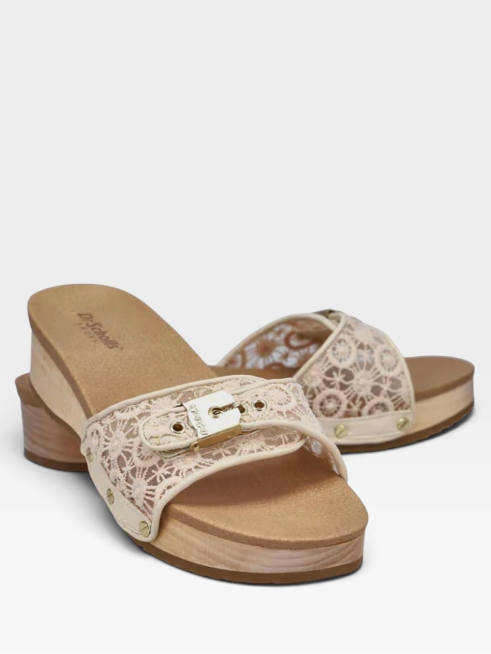 Dr. Scholl's Original Too Wood Beige Crochet Slide Sandal Buckle Accent Sz10